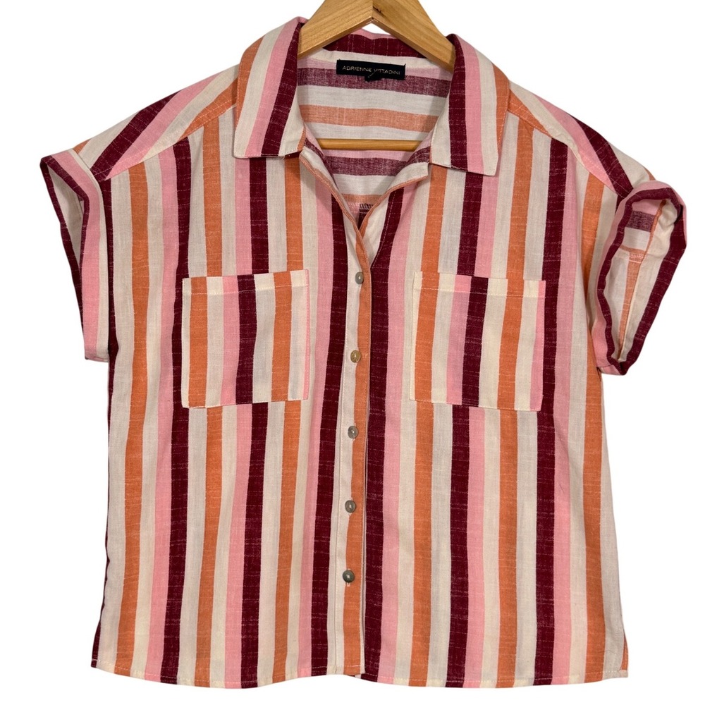 Adrienne Vittadini Pink Orange Striped Short Sleeve Button Down Shirt Small
